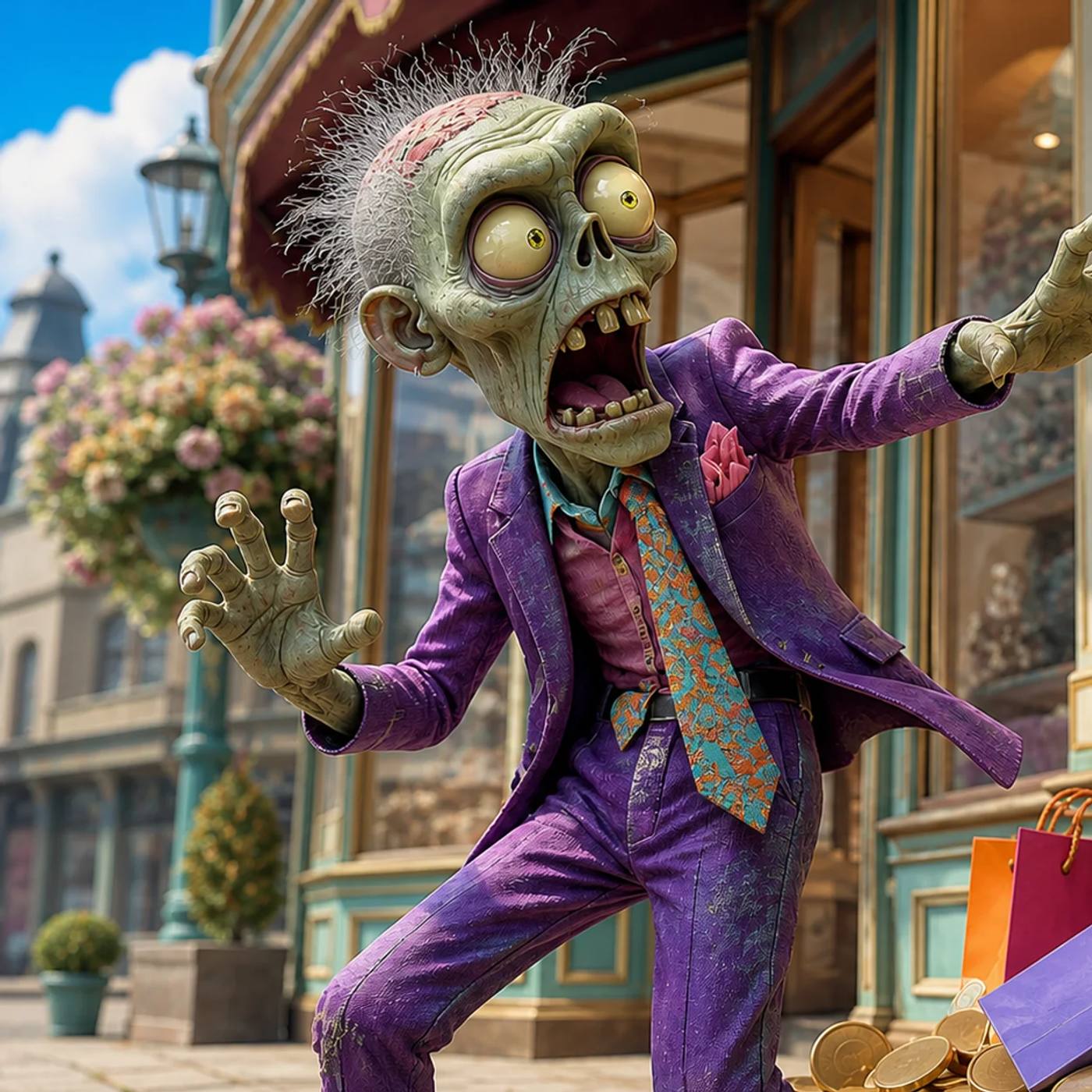 Illustration of a cartoon zombie mascot recoiling in exaggerated alarm while reaching toward a giant cracked buy-now-style button balanced above a pile of coins and shopping bags.