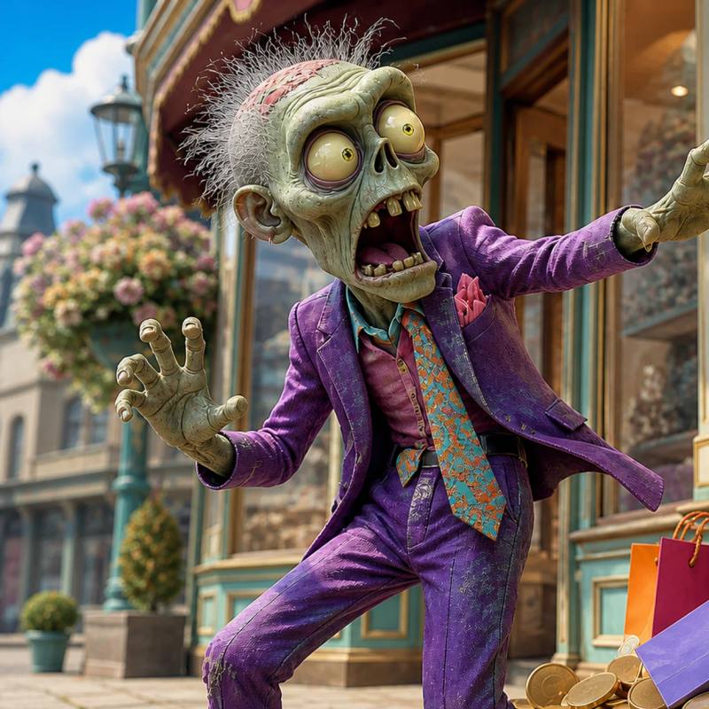 Illustration of a cartoon zombie mascot recoiling in exaggerated alarm while reaching toward a giant cracked buy-now-style button balanced above a pile of coins and shopping bags.