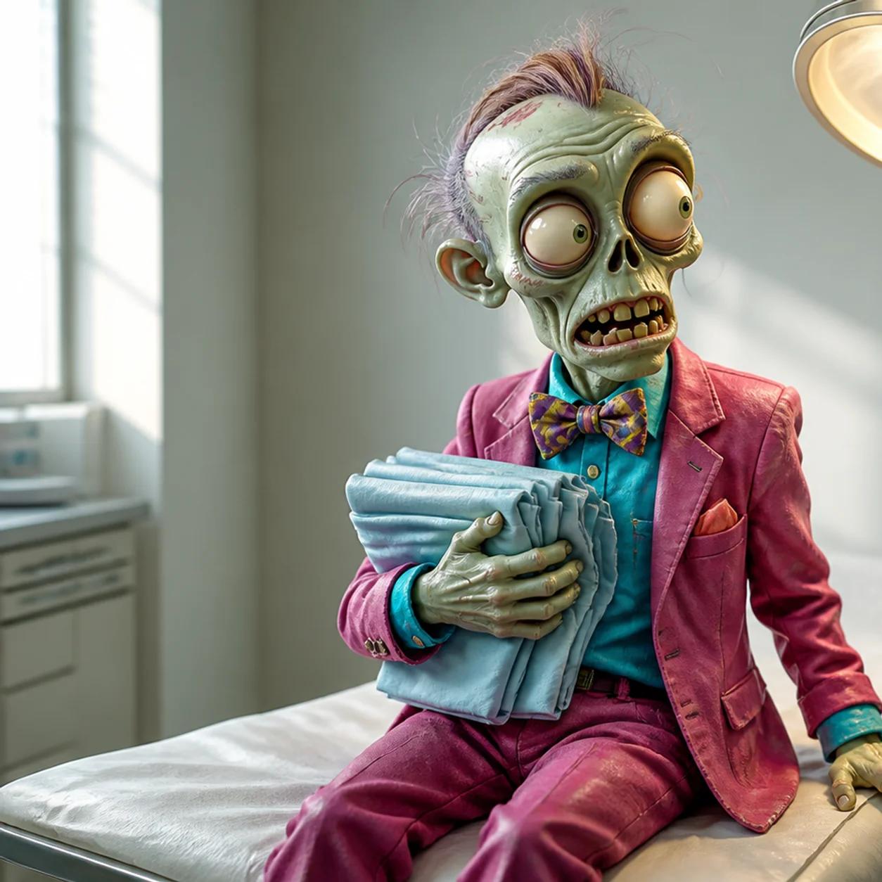 A cartoon zombie mascot sits nervously on a paper-lined exam table, clutching folded medical gowns while eyeing a tray of medical instruments beside it, under a bright exam lamp with a privacy screen in the background.