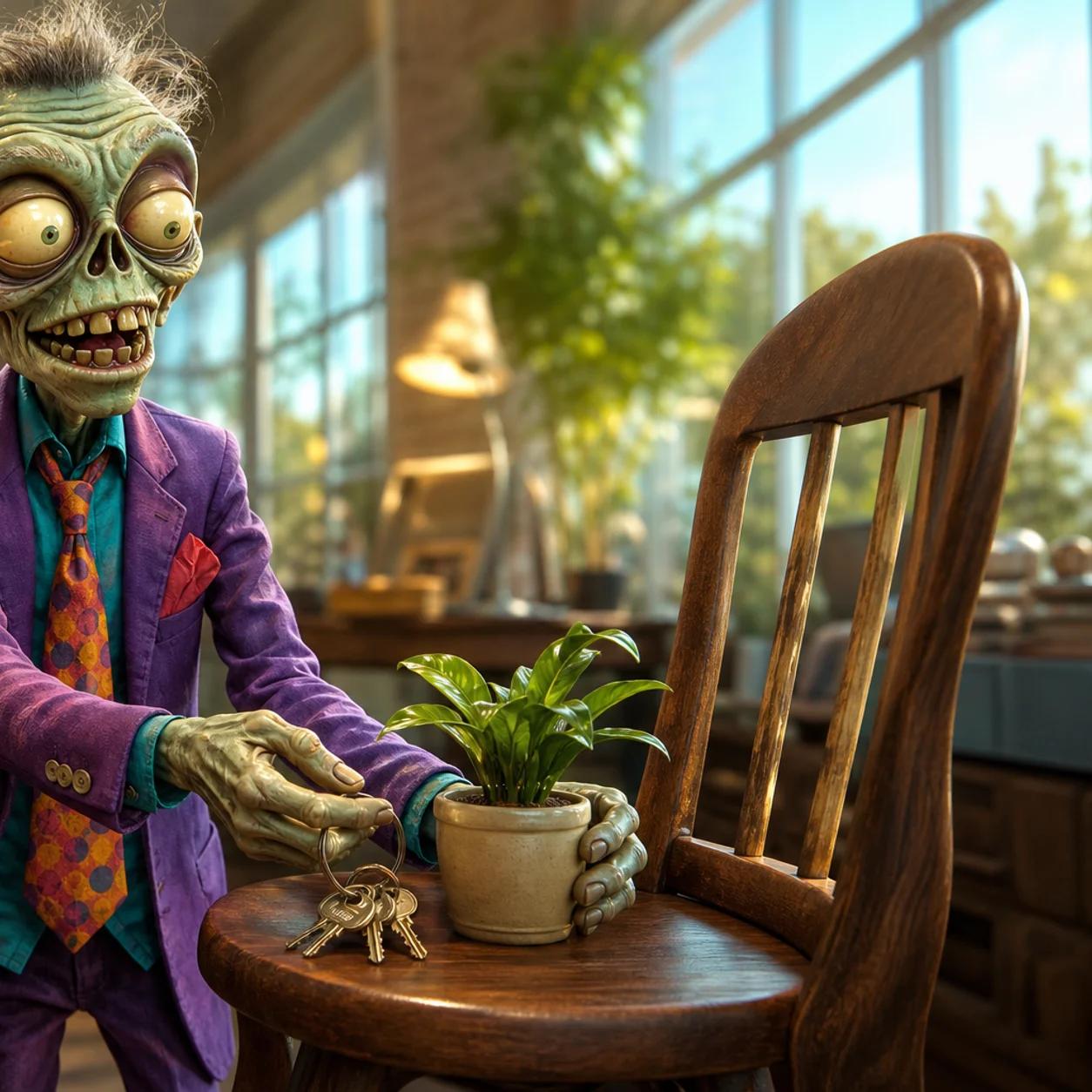 Illustration of a cartoon zombie mascot placing a set of keys and a potted plant onto an empty office chair, symbolizing handing over responsibility to a successor.