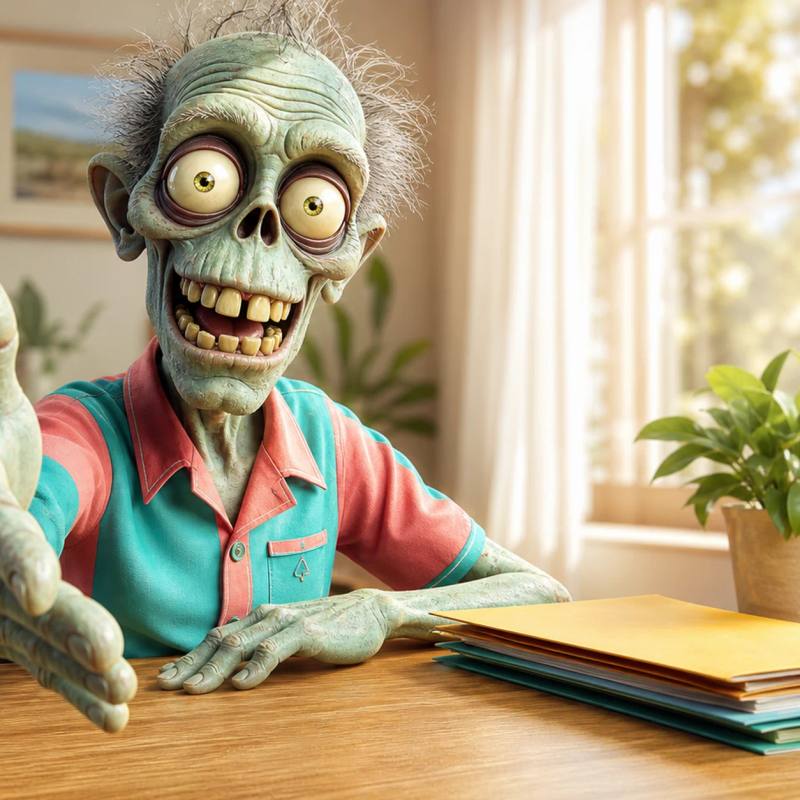 A cartoon zombie mascot sits calmly at a desk with a rotary phone pushed aside, extending a confident handshake toward the viewer beside a tidy stack of folders and a small potted plant.