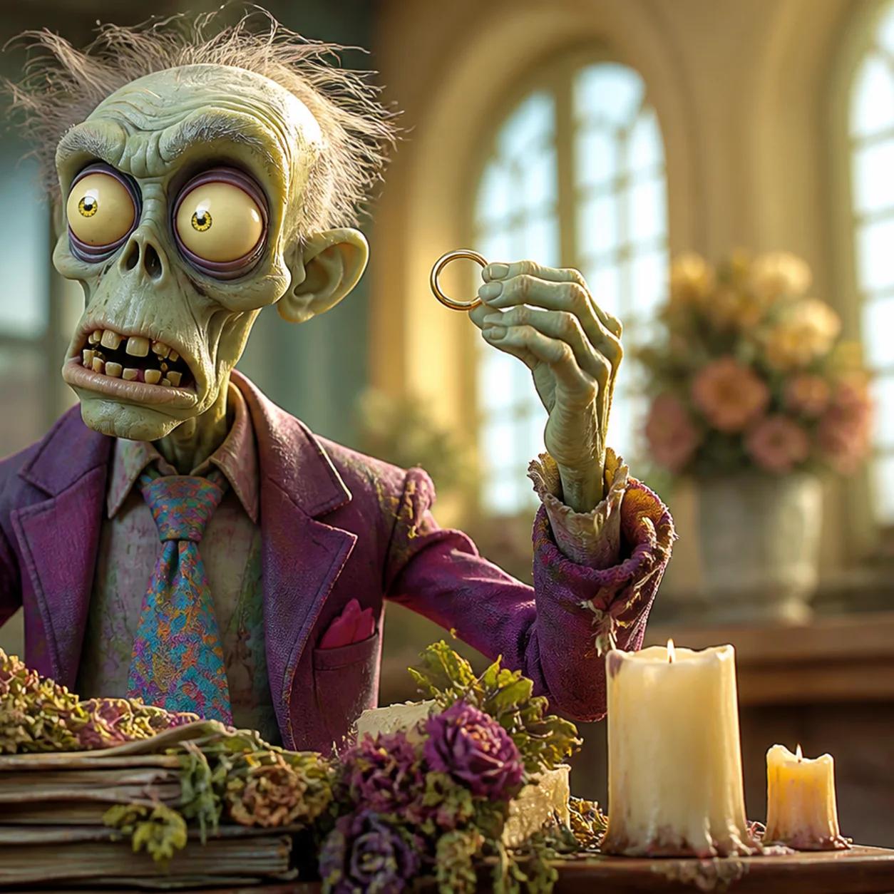 Illustration of a zombie mascot standing among stacked ledger books and wilted flowers, holding a contract in one hand and a wedding ring in the other as if comparing their weight.