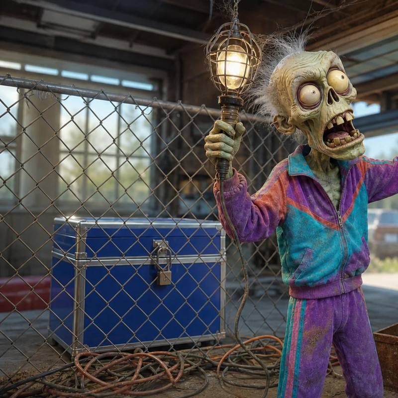 A cartoon zombie electrician holds up a flickering lamp to examine a cobweb-covered, faded storefront sign in a cluttered garage, with a locked, shiny new toolbox visible behind a fence in the background.