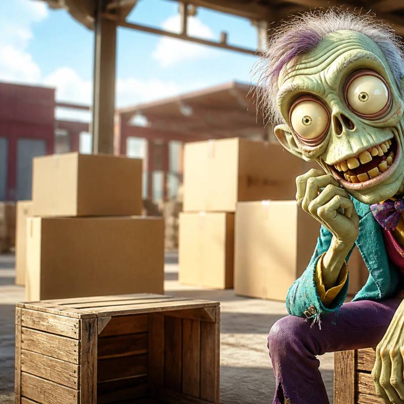 Illustration of a cartoon zombie sitting on a crate in a warehouse, leaning forward attentively with a hand near its chin as if absorbing wisdom, surrounded by stacked shipping boxes.