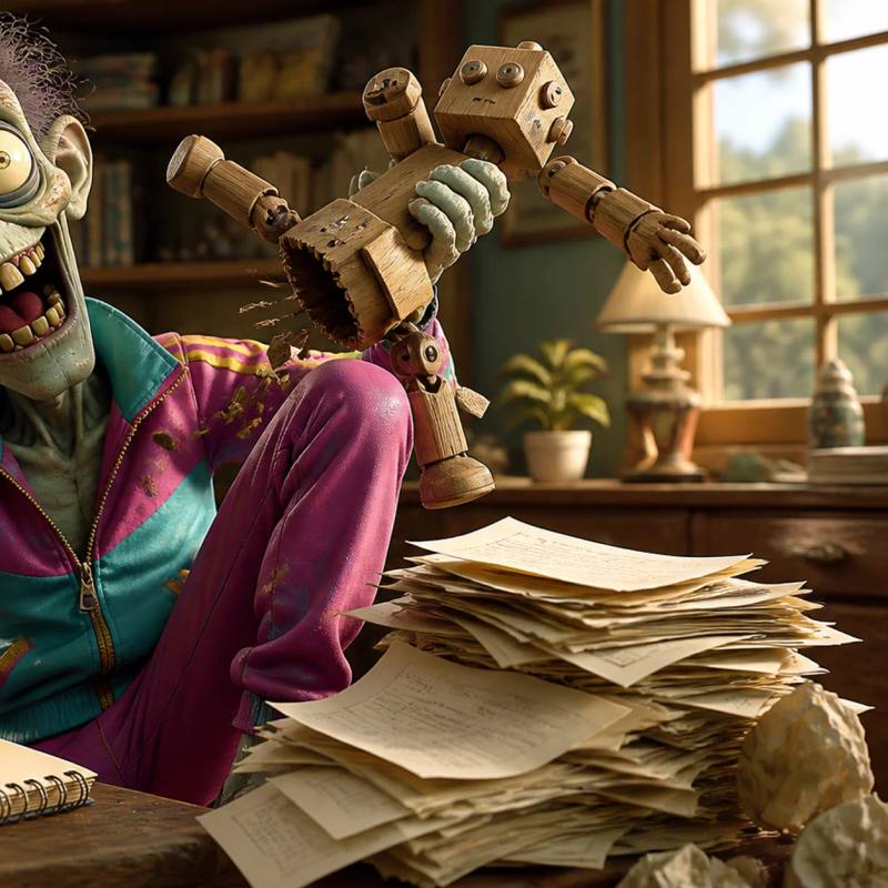 A cartoon zombie mascot snaps a small wooden robot puppet in half over its knee, standing beside a desk with a messy stack of papers and a quill pen ready to write on a blank notepad.