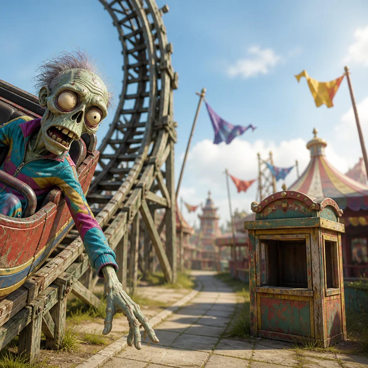 Illustration of a zombie mascot sitting in the back car of a wooden roller coaster paused mid-loop, reaching one hand toward a quiet path on the ground below, surrounded by a faded carnival setting with drooping flags and an empty ticket booth.