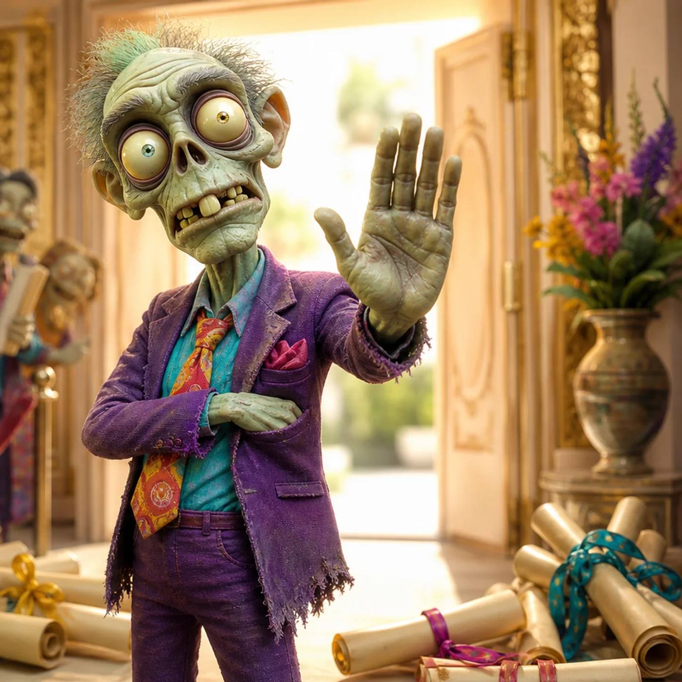 A zombie mascot acts as a velvet-rope bouncer, holding back a line of eager readers while discarded fancy scrolls lie on the ground and a plain, welcoming doorway glows behind it.