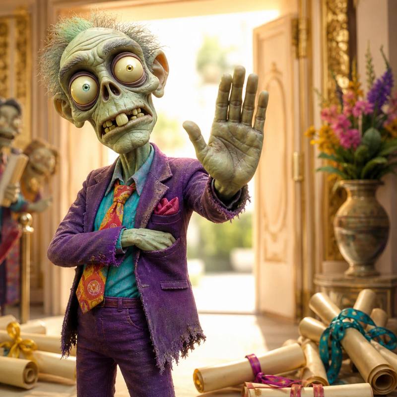 A zombie mascot acts as a velvet-rope bouncer, holding back a line of eager readers while discarded fancy scrolls lie on the ground and a plain, welcoming doorway glows behind it.