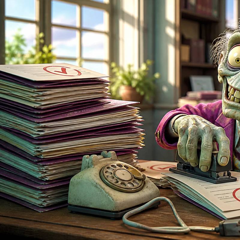 A cartoon zombie mascot works contentedly at a messy desk covered in completed project folders, stapling a finished report, while an old telephone sits unplugged and buried under stacks of paperwork.