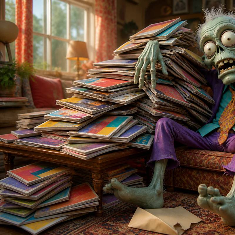 A cartoon zombie mascot slumps in an armchair, surrounded by a toppling stack of unread magazines with a torn envelope and crumpled redemption slip on the floor nearby.