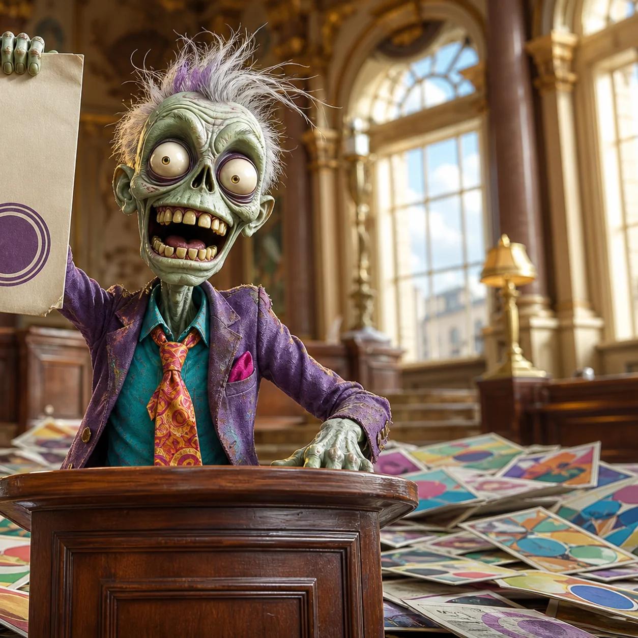Illustration of a zombie confidently holding up an approved checklist at a podium, surrounded by scattered rejected ad flyers on the floor.
