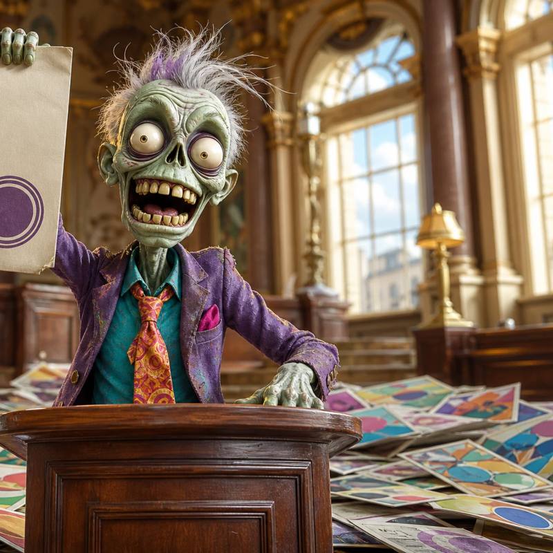 Illustration of a zombie confidently holding up an approved checklist at a podium, surrounded by scattered rejected ad flyers on the floor.