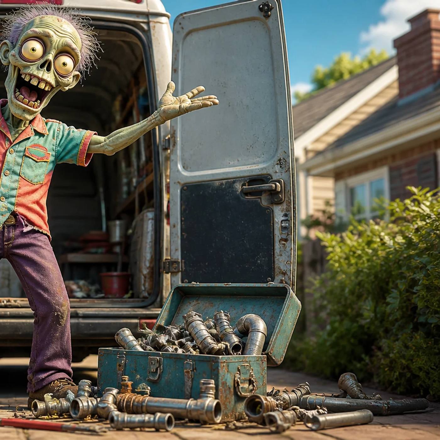 A cartoon zombie plumber stands at the open doors of his work van, proudly holding up a rusty old water heater beside a pile of corroded pipes spilling from a toolbox.