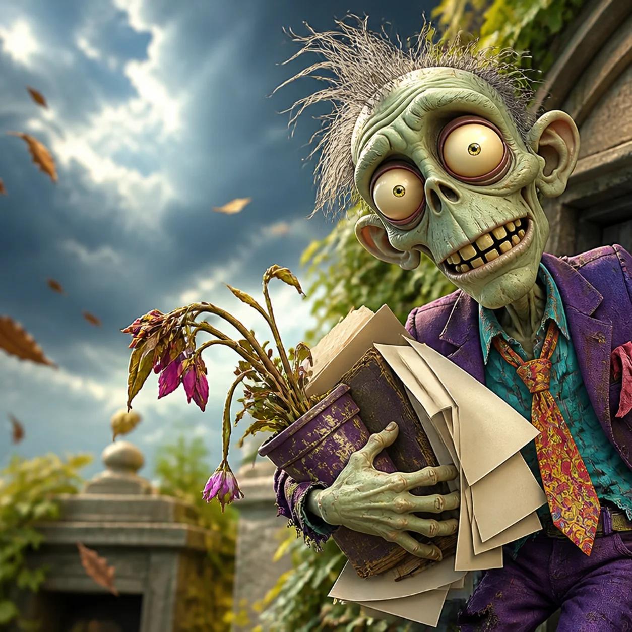 An illustrated zombie character leans wearily against a crumbling, vine-covered doorway, holding a wilting potted plant and a messy stack of papers spilling from an open ledger, under a stormy, leaf-swept sky.