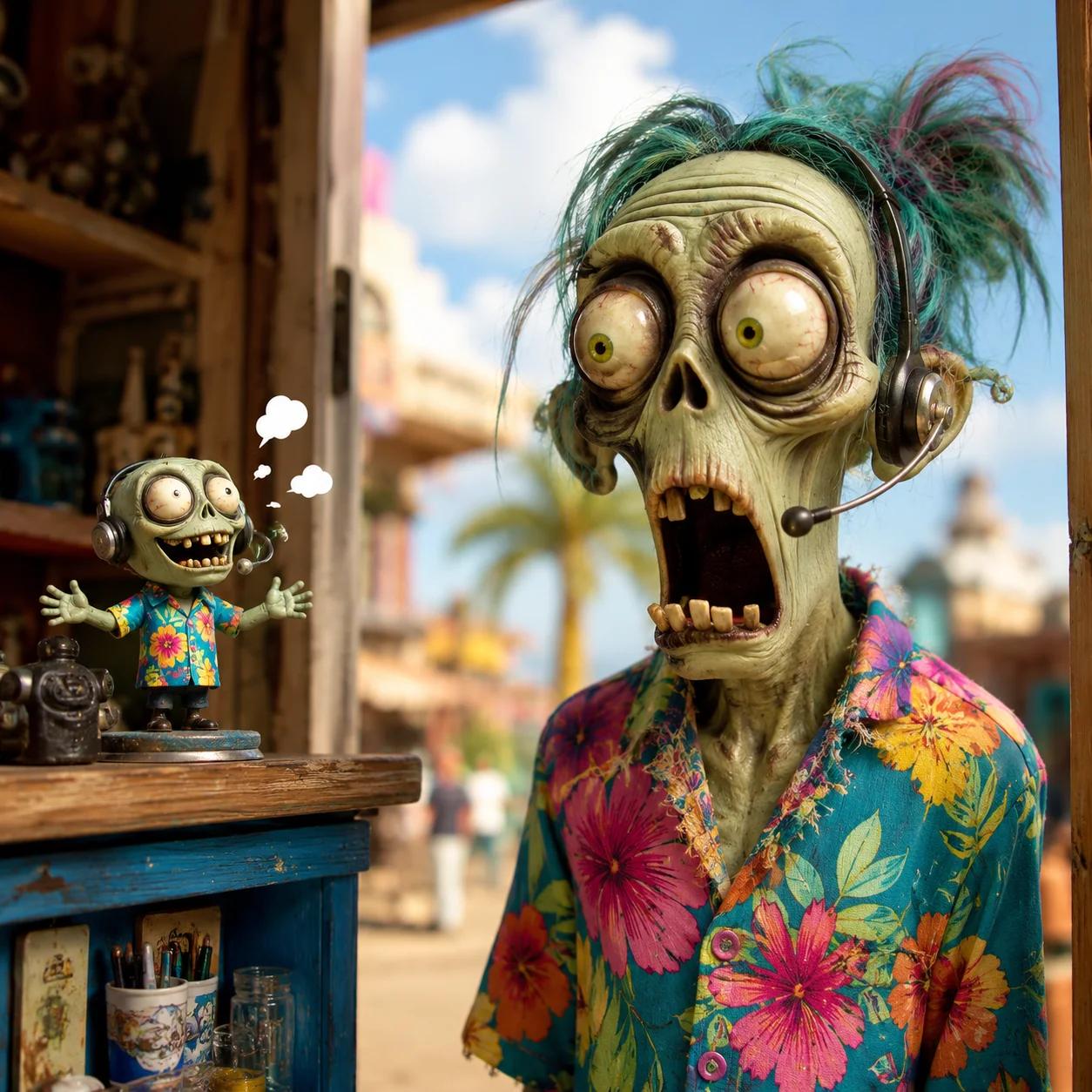 A zombie wearing a headset, stunned as a tiny chattering zombie-figurine assistant speaks for his business.