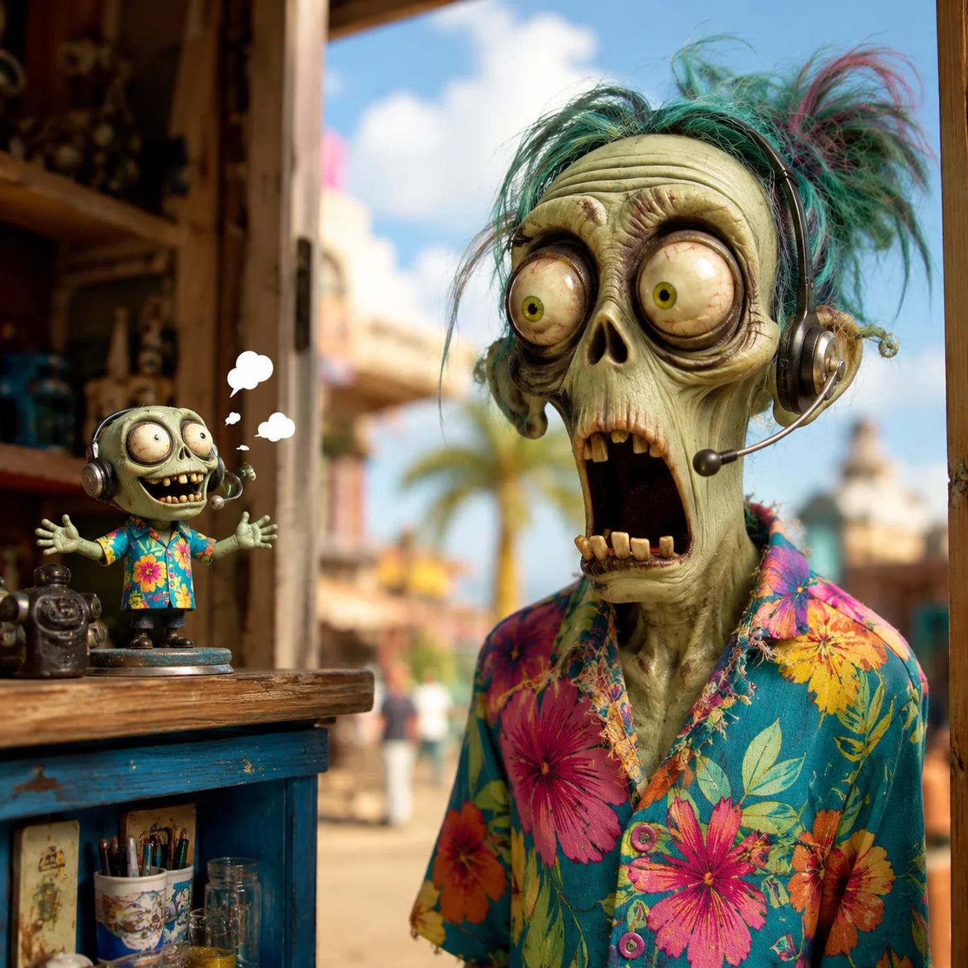 A zombie wearing a headset, stunned as a tiny chattering zombie-figurine assistant speaks for his business.