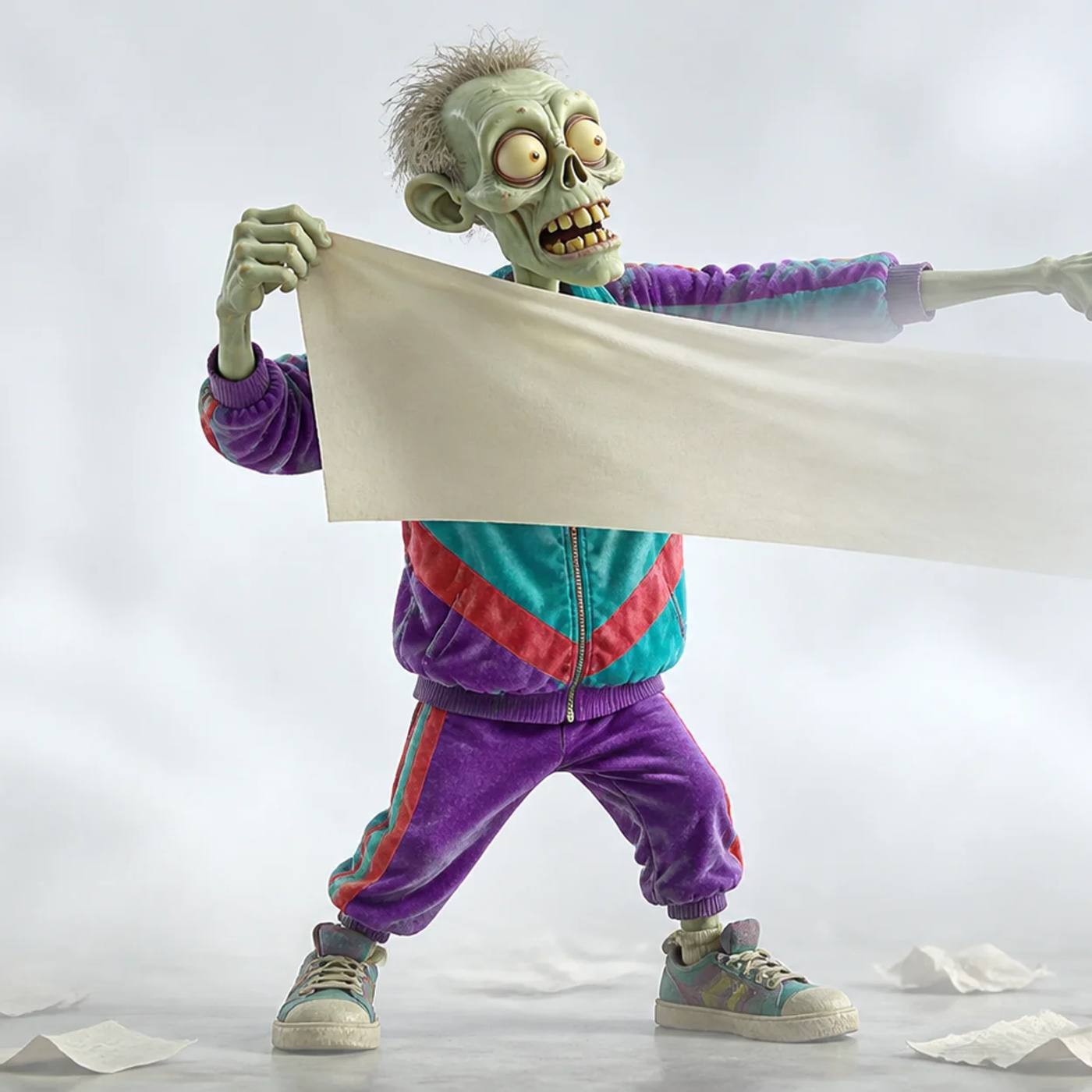 A zombie mascot holds up a large banner that visibly fades into invisibility partway across, reaching out as if trying to catch the disappearing part, surrounded by crumpled paper drafts on the ground.