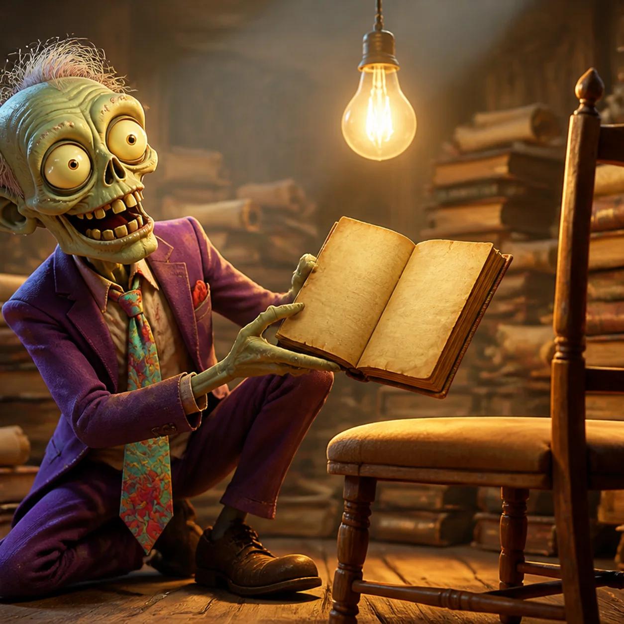 Illustration of a zombie mascot kneeling among tall stacks of books, holding an open book out toward an empty chair as if trying to explain something to someone who isn't there.