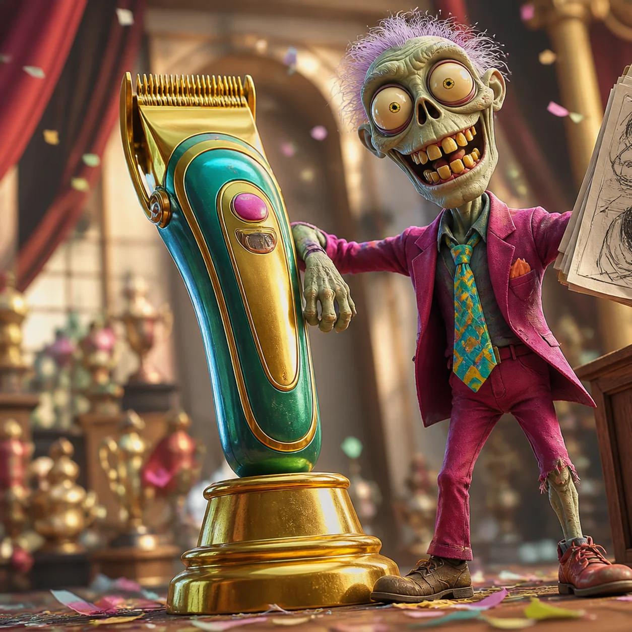 A zombie mascot stands next to an oversized trophy shaped like an electric trimmer, holding a clipboard of handwritten notes while torn paper scraps scatter across the floor around a wooden podium.
