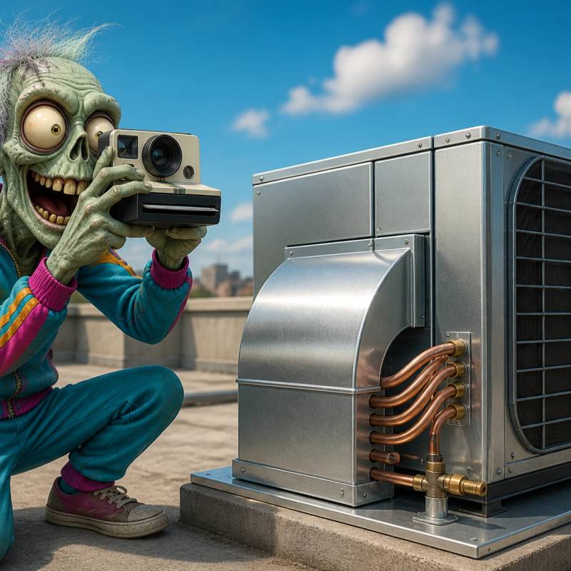 A cartoon zombie mascot kneels on a rooftop taking an instant photo of a shiny new HVAC unit, with a rusted old unit removed and set aside beside it.