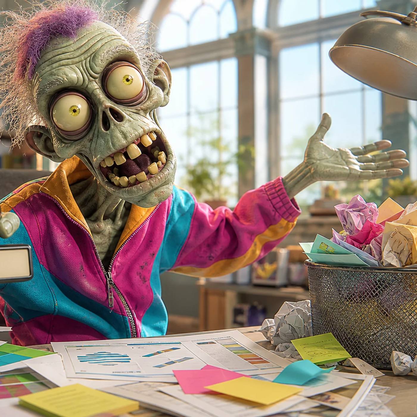 An illustrated zombie mascot sits amid stacks of research papers and sticky notes, stamping a document while pushing aside a wastebasket full of crumpled, rejected ad drafts.