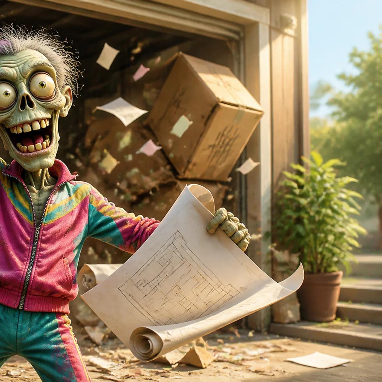 A cartoon zombie mascot bursts joyfully through a pile of old cardboard boxes in a sunlit garage, one fist raised in triumph and the other holding a rolled-up blueprint, with torn paper scraps flying around it.