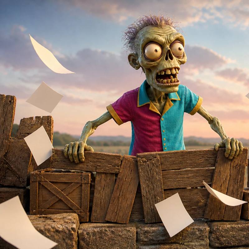 Illustration of a lone zombie mascot standing on a barricaded wall, bracing against crates and planks while looking out at a distant horde approaching under a dusky sky, with papers blowing in the wind.