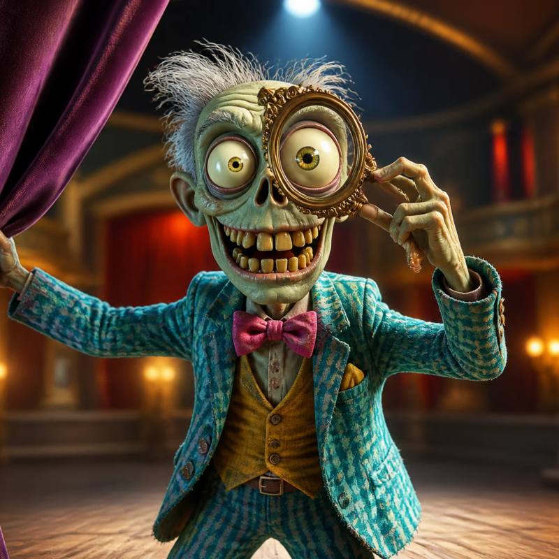 An illustrated zombie character stands under a spotlight, pulling open a velvet stage curtain with one hand while holding up a hand mirror to its own eye with the other, as though dramatically revealing a hidden secret.