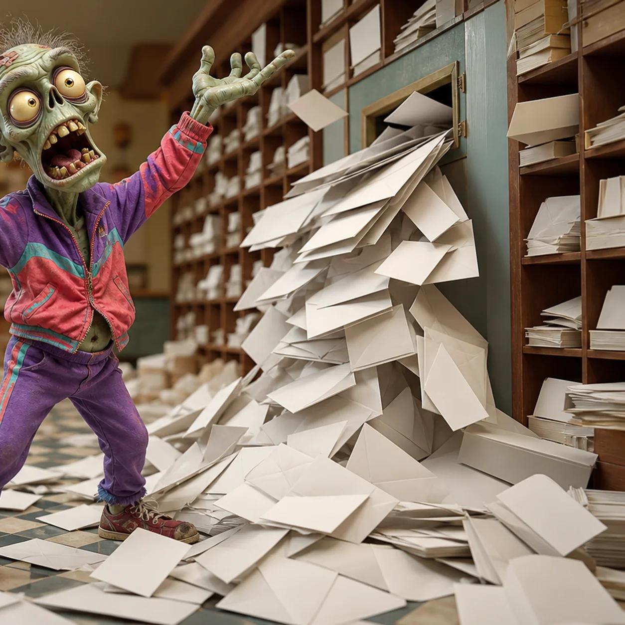 Illustration of a zombie mascot standing amid a pile of spilled envelopes and papers, holding a crumpled letter with an exasperated pose.