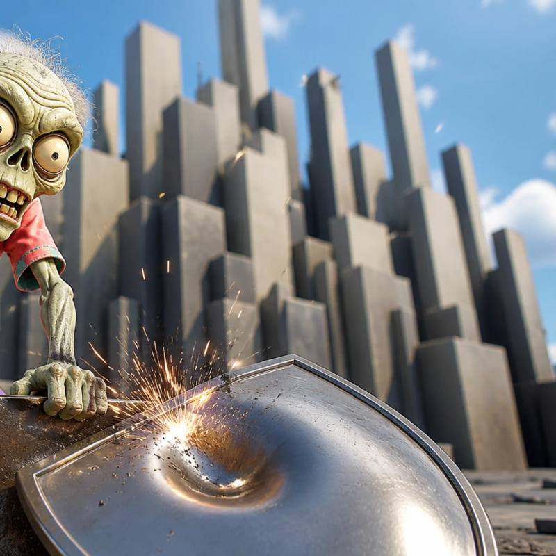 A cartoon zombie mascot swings a giant mallet, striking a large dent into an oversized corporate shield on the ground in front of a backdrop of tall, generic skyscrapers.