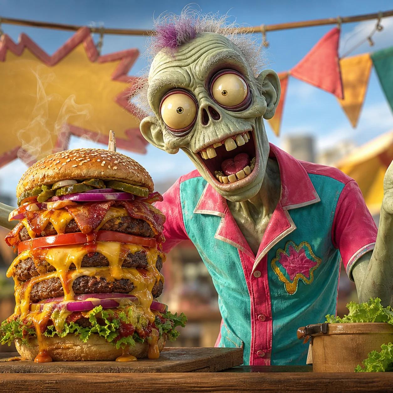 An illustrated zombie mascot proudly presents an enormous, dripping stacked burger on a rustic food-cart counter, arms spread wide in showman-like celebration with pennant flags fluttering behind.
