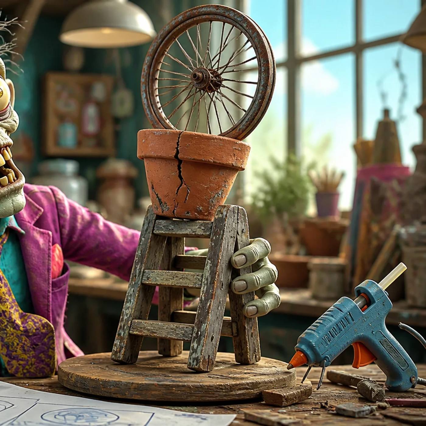 A zombie mascot in a workshop assembles an old ladder, cracked flowerpot, and bicycle wheel into a new inventive sculpture, surrounded by blueprints and a glue gun.