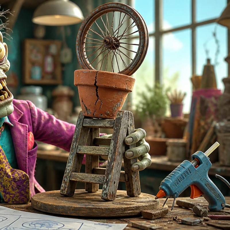 A zombie mascot in a workshop assembles an old ladder, cracked flowerpot, and bicycle wheel into a new inventive sculpture, surrounded by blueprints and a glue gun.