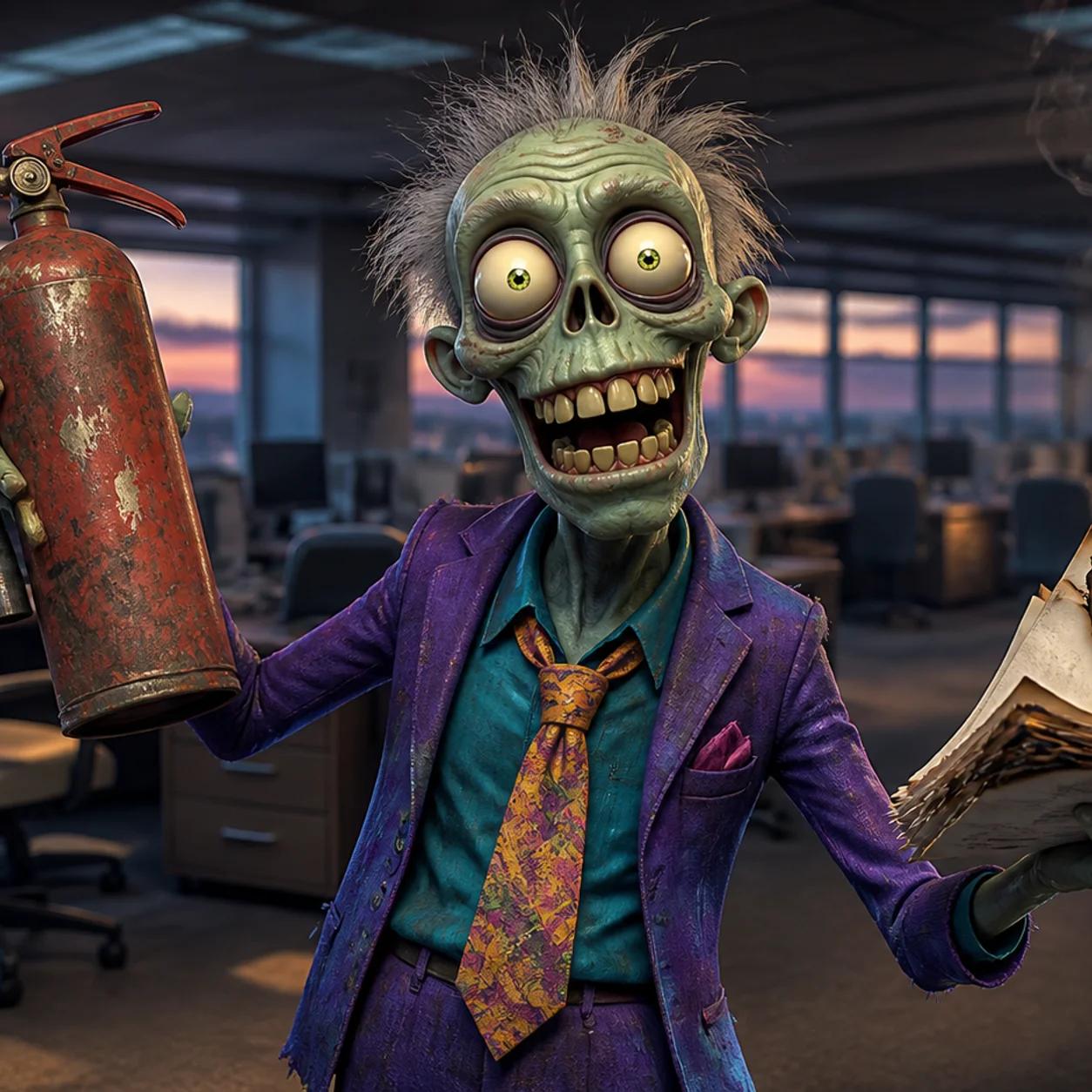 Illustration of a zombie character standing alone in an empty office at dusk, holding a fire extinguisher in one hand and a smoking stack of papers in the other, surrounded by rows of vacant desks.
