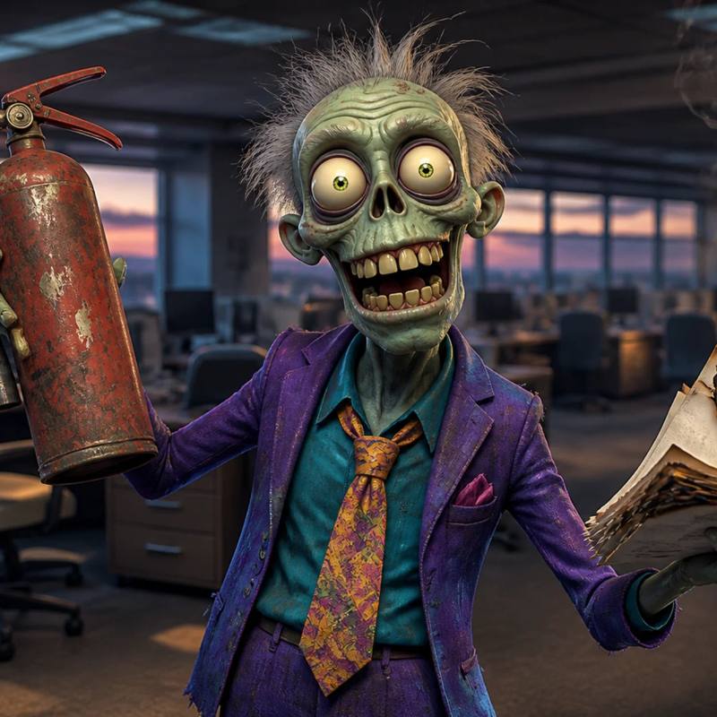 Illustration of a zombie character standing alone in an empty office at dusk, holding a fire extinguisher in one hand and a smoking stack of papers in the other, surrounded by rows of vacant desks.