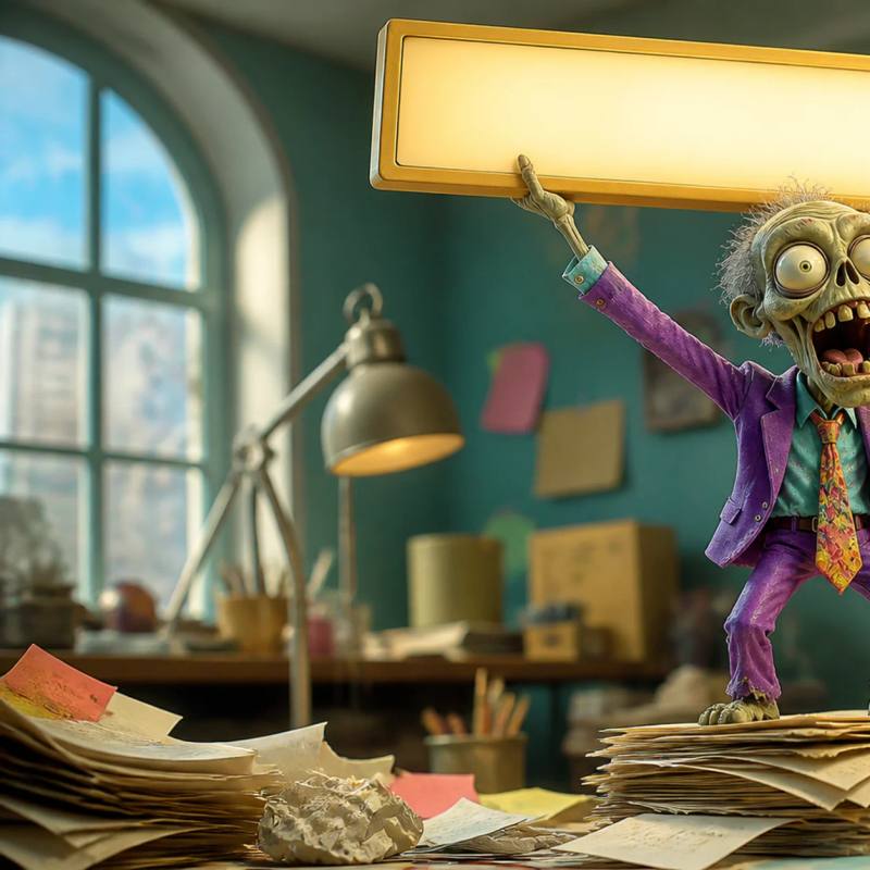 A zombie mascot triumphantly holds up a large glowing headline banner above a messy desk of crumpled paper drafts and a nearly-empty hourglass, illustrating the idea that the headline deserves attention first, not last.