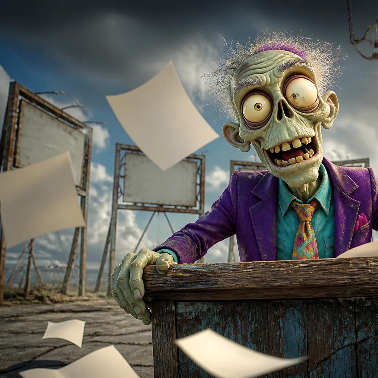 A zombie mascot delivers a somber speech from a podium on a windswept stage, with scattered papers and a row of empty billboard frames standing under a stormy sky.