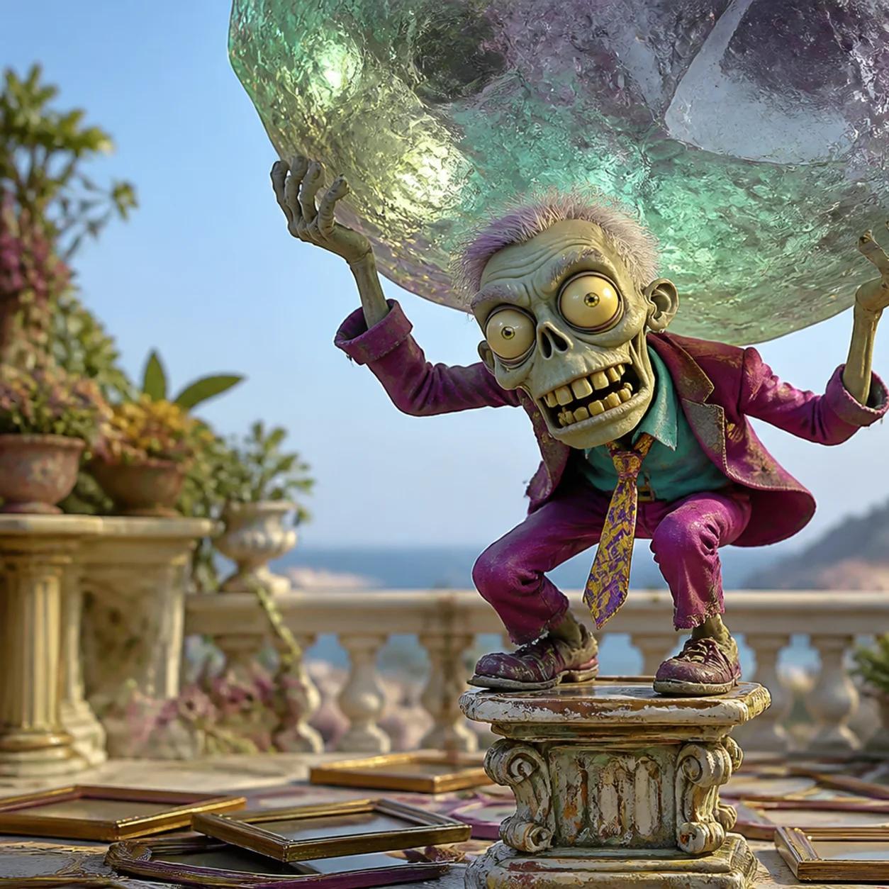 A cartoon zombie strains under the crushing weight of a giant see-through boulder while balancing on a wobbly pedestal surrounded by empty picture frames scattered on the floor.