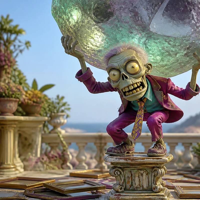 A cartoon zombie strains under the crushing weight of a giant see-through boulder while balancing on a wobbly pedestal surrounded by empty picture frames scattered on the floor.