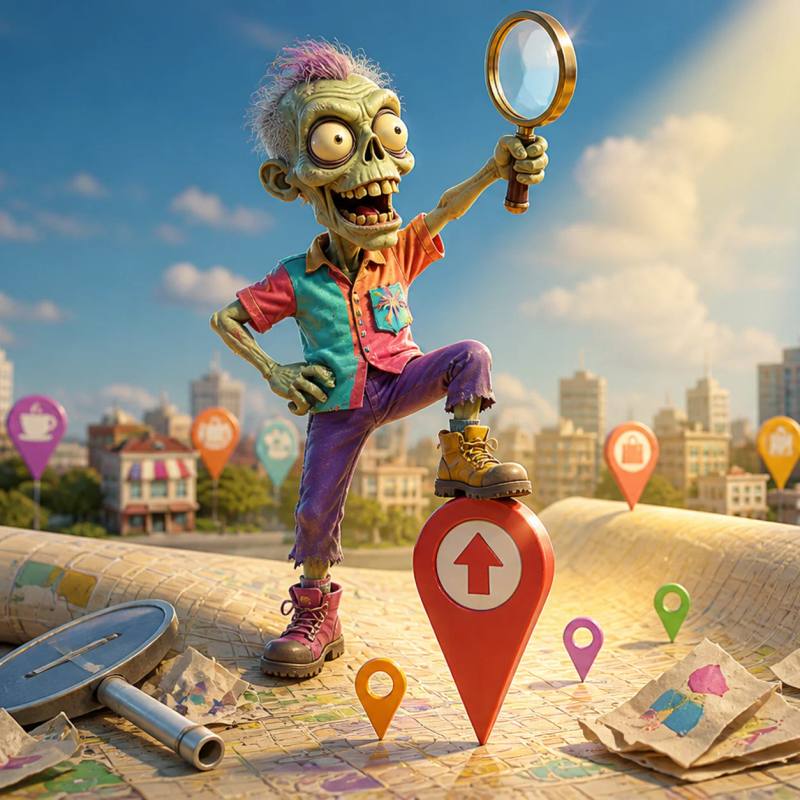 A cartoon zombie mascot stands victoriously on a large rolled-out city map, holding a big magnifying glass and looking toward a distant skyline, with its own tall location pin glowing above several smaller toppled pins and crumpled flyers scattered around its feet.