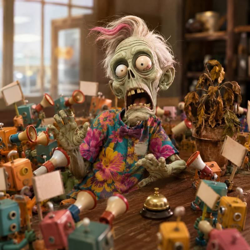 A zombie shop owner recoiling at his counter, swarmed by tiny toy ad-robots with megaphones, while an untouched bell and wilted plant sit nearby -- ads everywhere, nobody actually walking in.