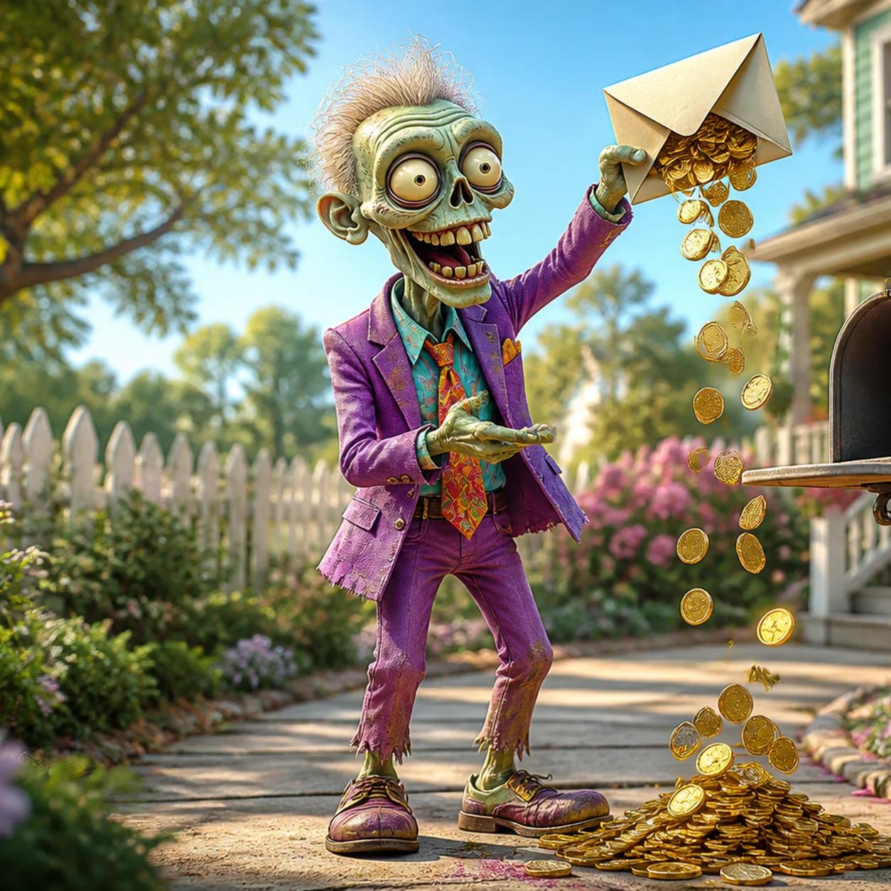 Illustration of a zombie proudly holding a large envelope overflowing with gold coins beside a classic street mailbox.