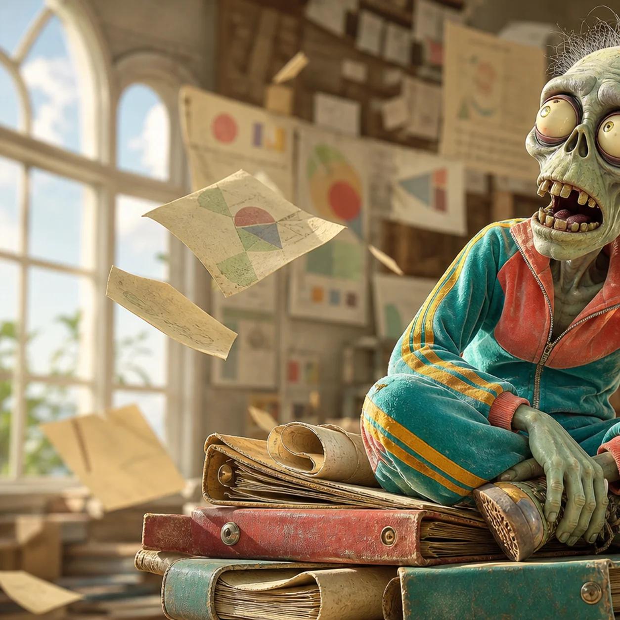 A cartoon zombie mascot sits atop a pile of old binders and rolled posters, nostalgically holding a cracked antique megaphone to its ear as old paper charts float through the air around it.