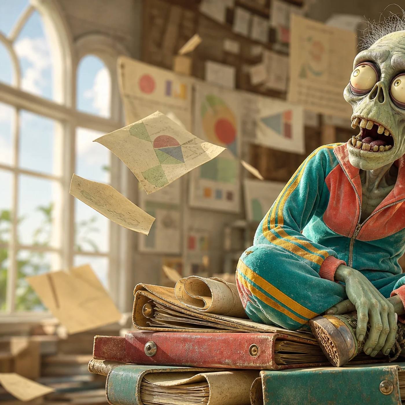 A cartoon zombie mascot sits atop a pile of old binders and rolled posters, nostalgically holding a cracked antique megaphone to its ear as old paper charts float through the air around it.