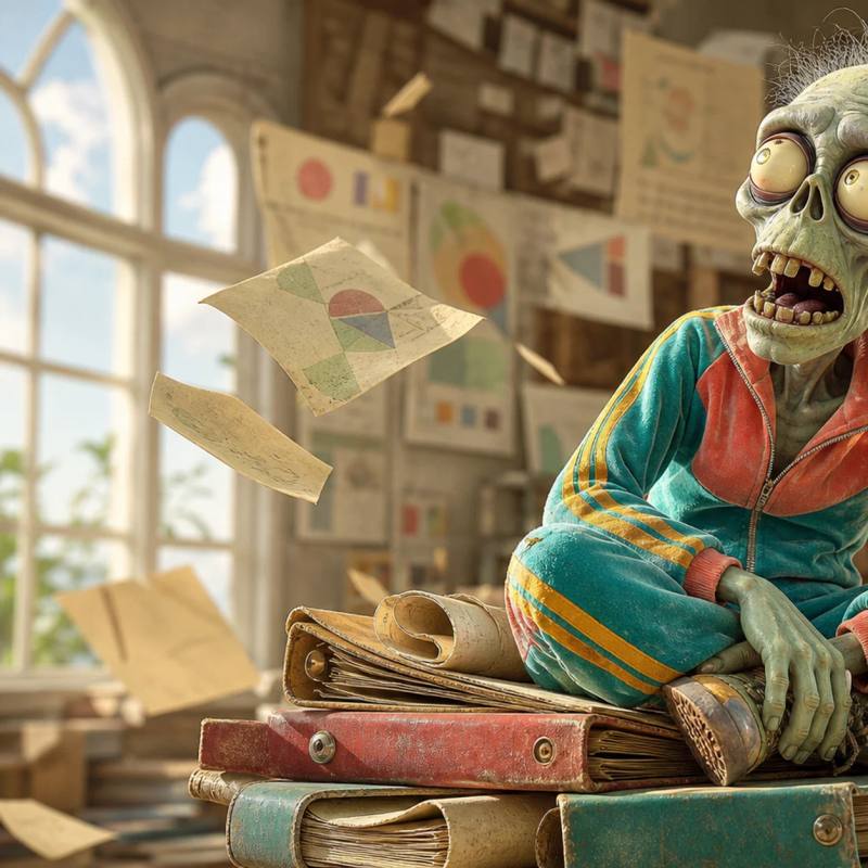 A cartoon zombie mascot sits atop a pile of old binders and rolled posters, nostalgically holding a cracked antique megaphone to its ear as old paper charts float through the air around it.