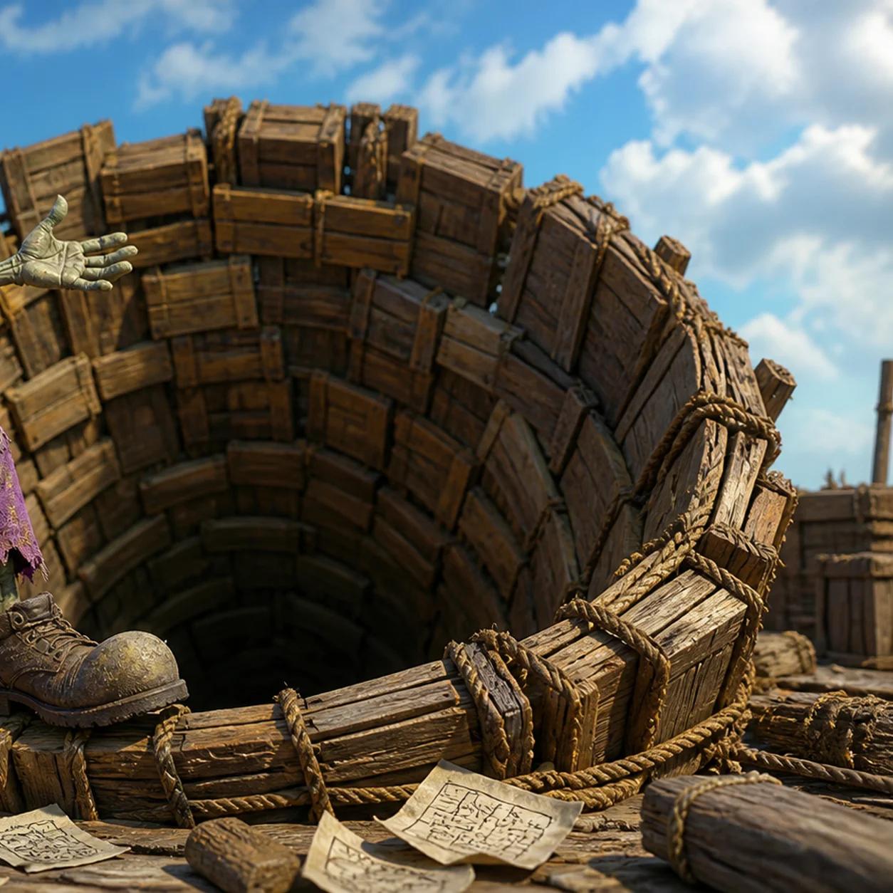 A cartoon zombie mascot stands at the edge of a large tunnel shaped like a sales funnel made of crates and rope, shrugging with conflicted body language while crumpled flowchart papers litter the ground and a crooked signpost with a glowing bulb stands beside the tunnel.