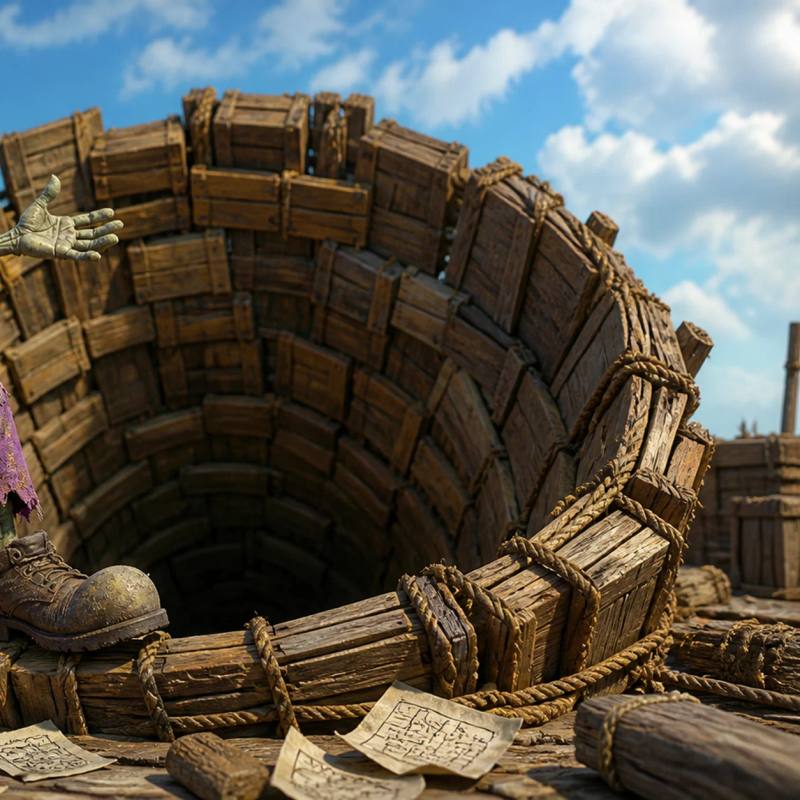 A cartoon zombie mascot stands at the edge of a large tunnel shaped like a sales funnel made of crates and rope, shrugging with conflicted body language while crumpled flowchart papers litter the ground and a crooked signpost with a glowing bulb stands beside the tunnel.