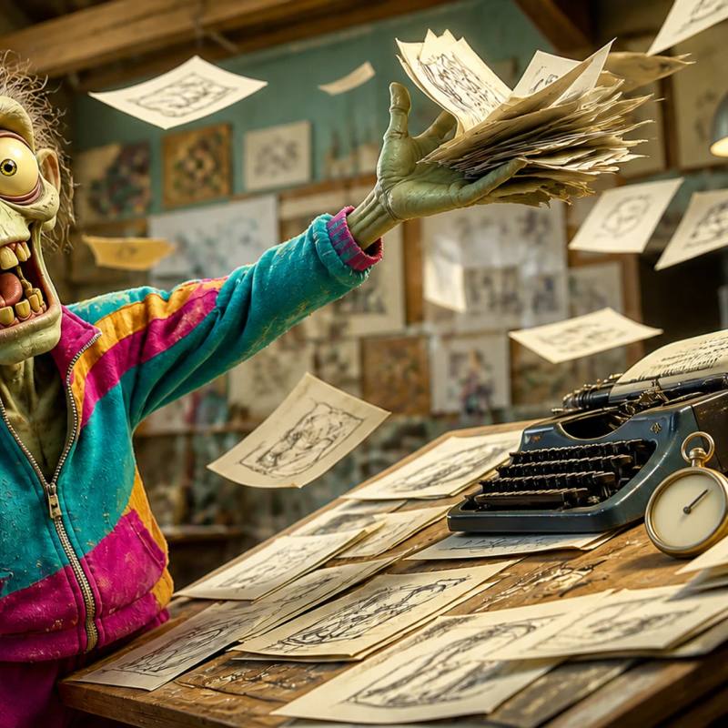 Illustration of a zombie character at a cluttered drafting table, joyfully tossing storyboard pages into the air next to an old typewriter and a stopwatch.
