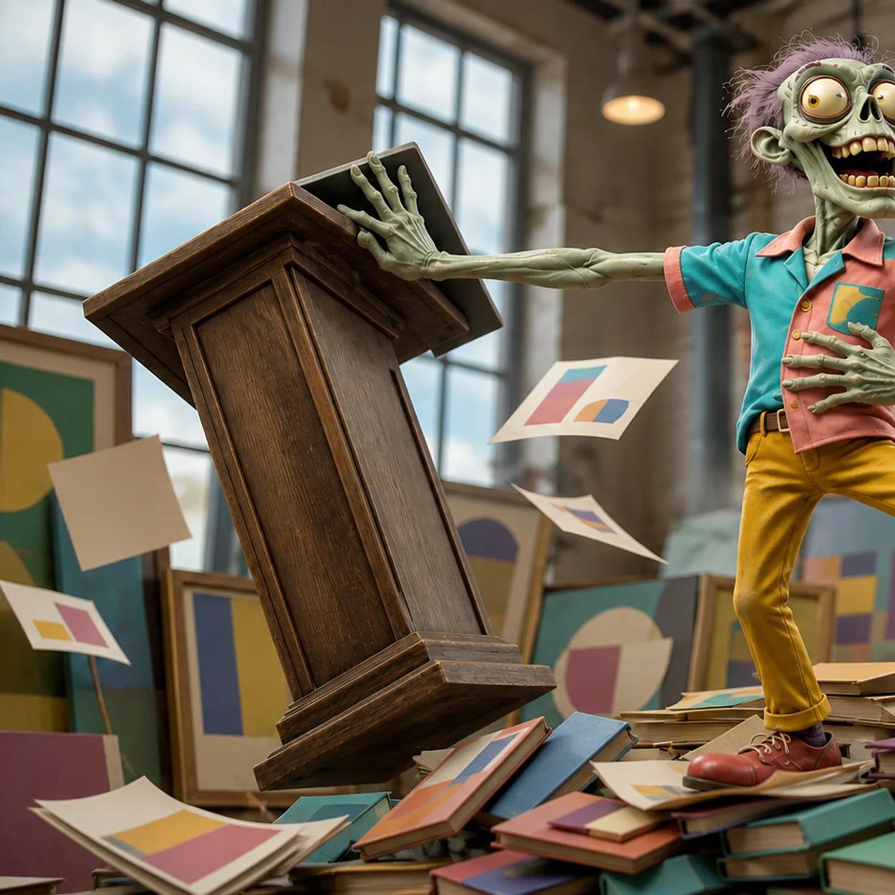Illustration of a zombie confidently placing a hand on its stomach while kicking over an empty speaker's podium, standing atop a pile of discarded self-help books and toppled inspirational posters.