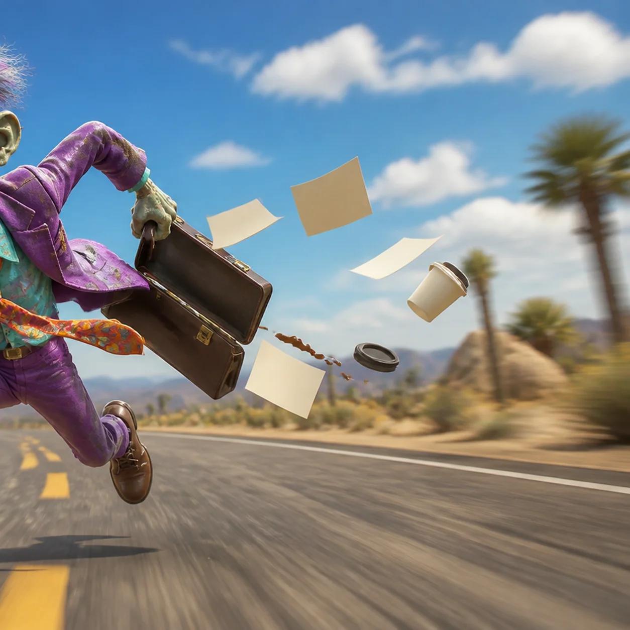 Illustration of a zombie mascot running full-speed down a highway, briefcase flung open and papers scattering behind it as a coffee cup tumbles through the air.